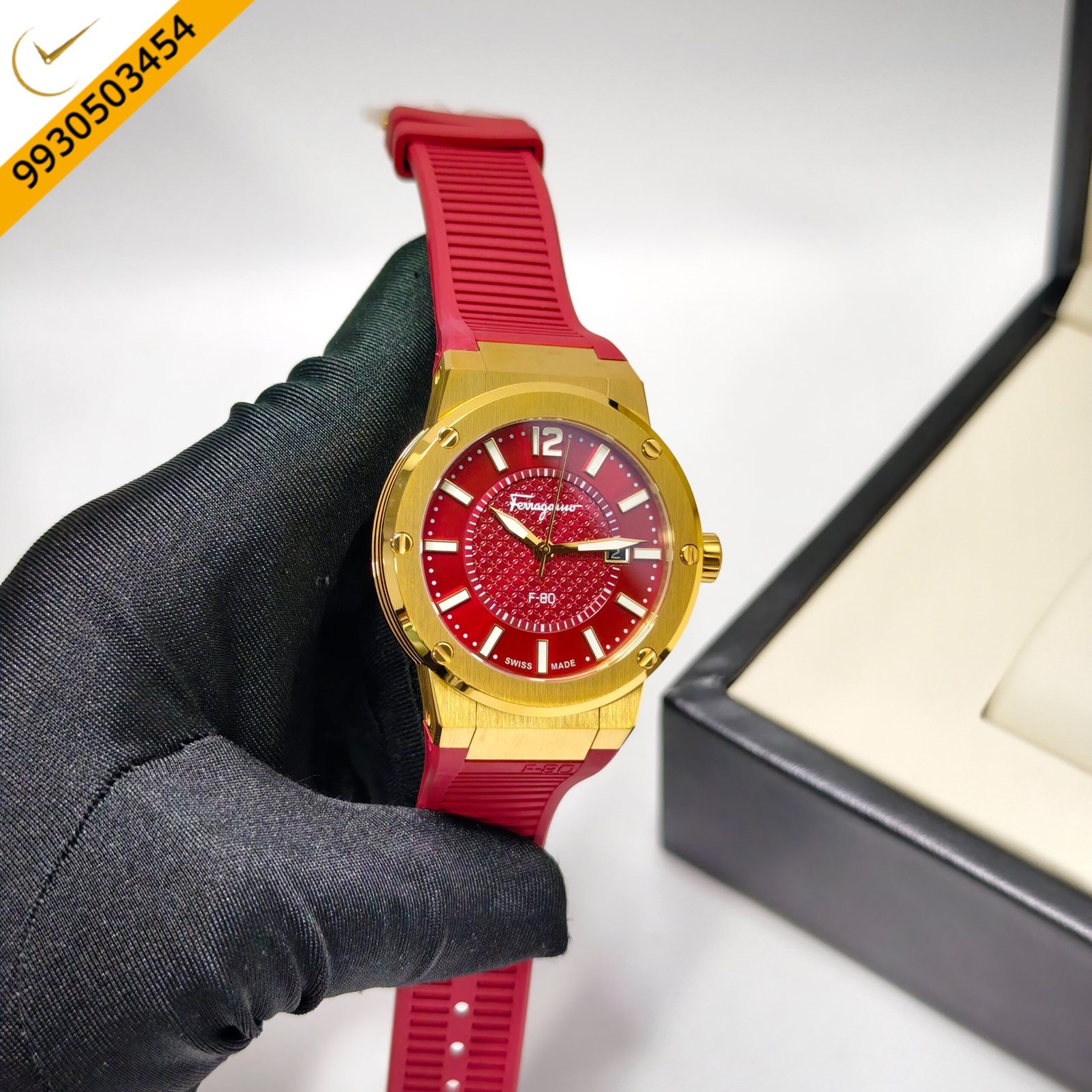 Ferragamo F-80 Golden Steel Red Dial Red Rubber Strap Swiss Watch - Image 3