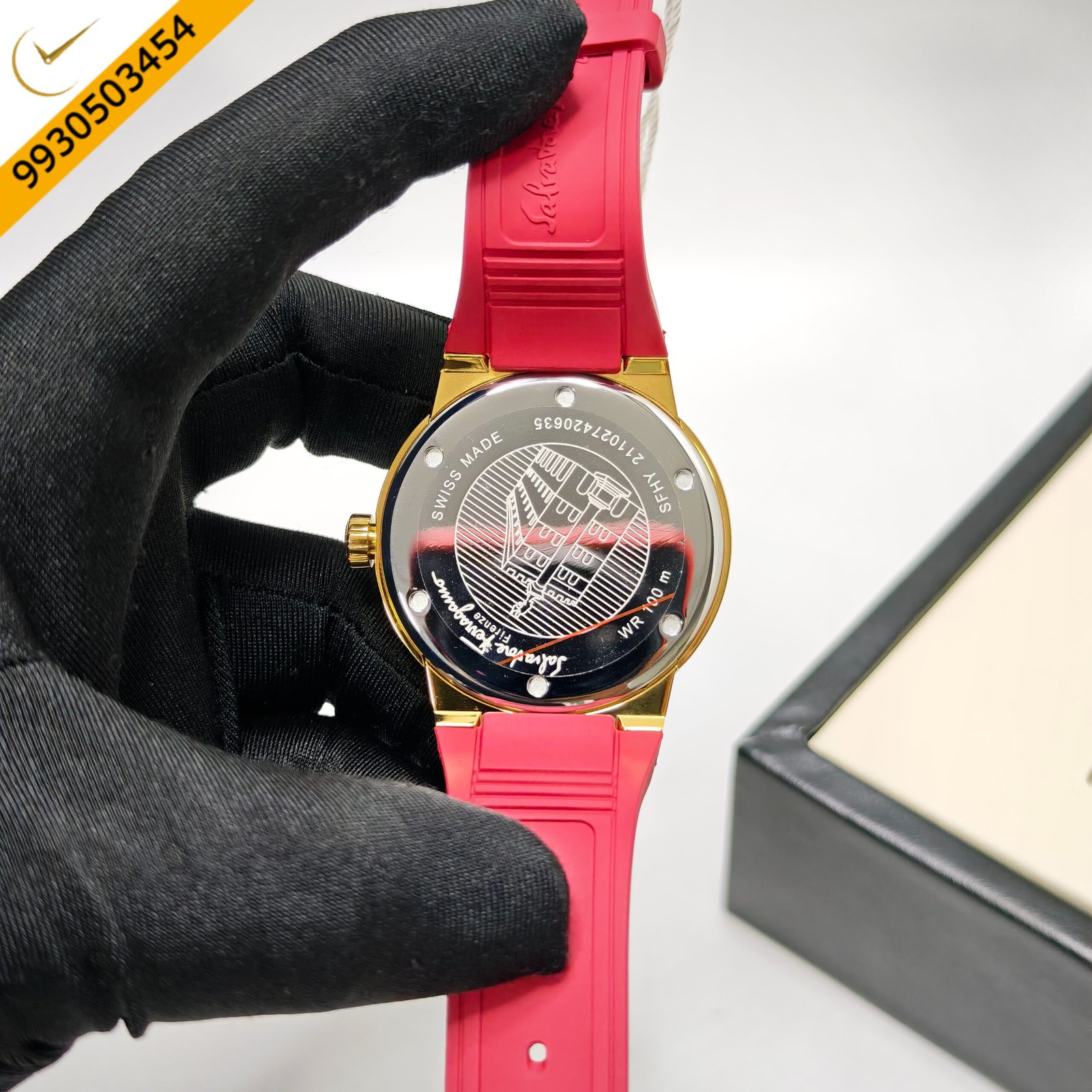 Ferragamo F-80 Golden Steel Red Dial Red Rubber Strap Swiss Watch - Image 4