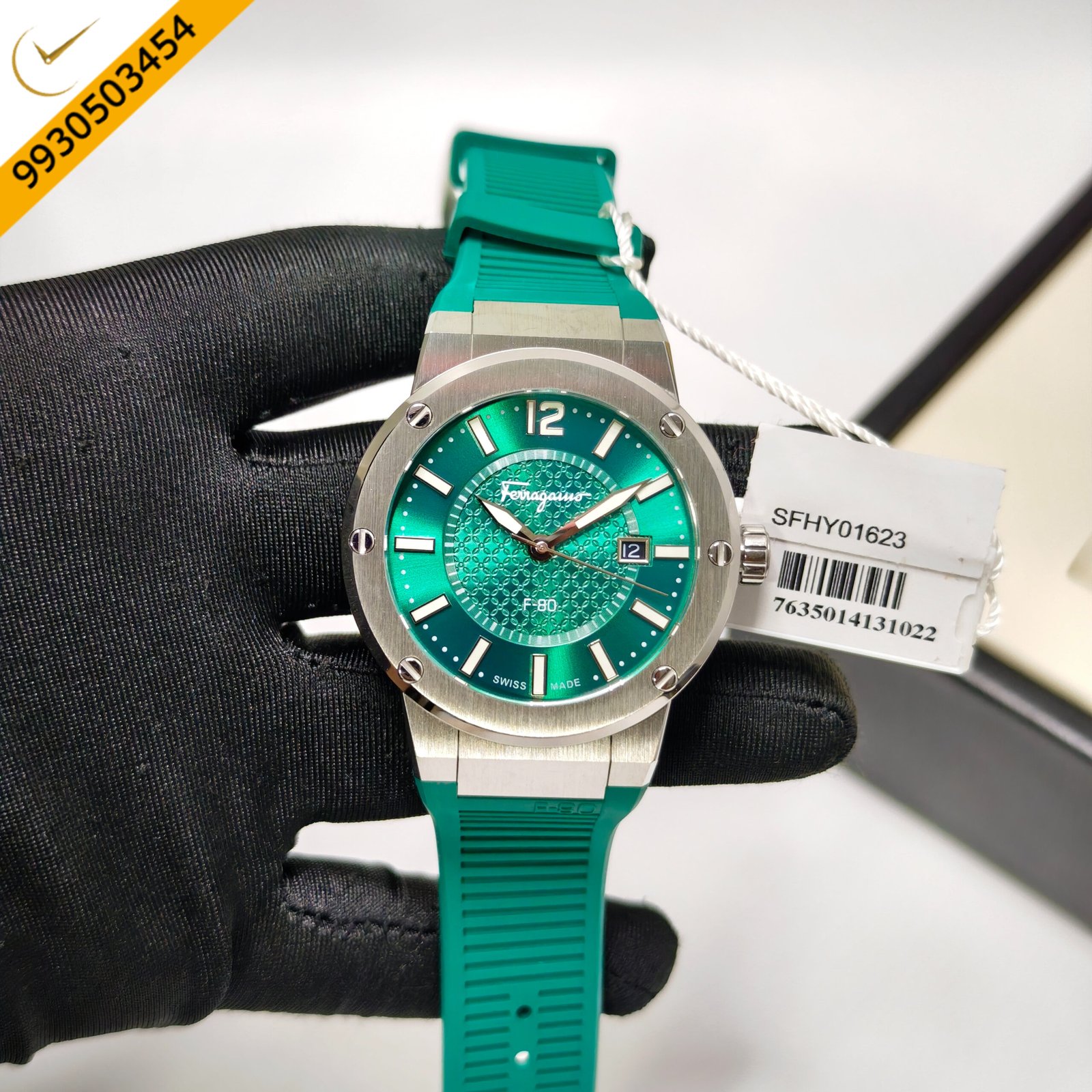 Ferragamo F-80 Steel Green Dial Green Rubber Strap Swiss Watch