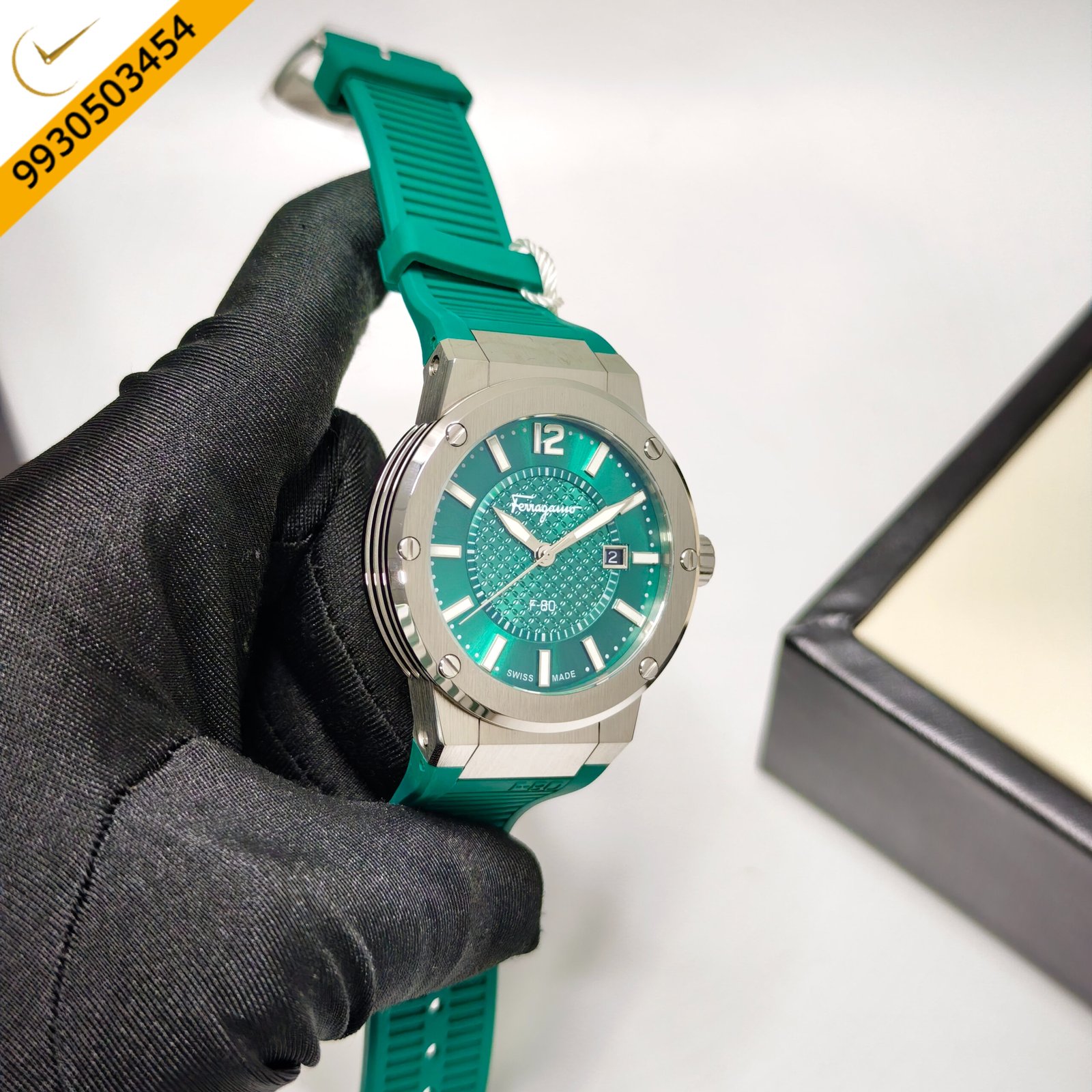Ferragamo F-80 Steel Green Dial Green Rubber Strap Swiss Watch - Image 3
