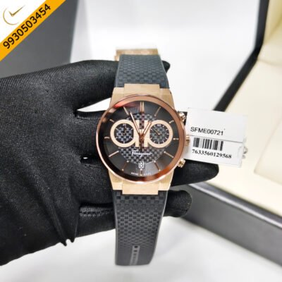 Ferragamo Sapphire Chronograph Rose Gold Black Dial Black Rubber Strap Swiss Watch
