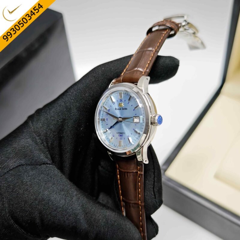 Grand Seiko Mechanical Hi-Beat 36000 GMT Steel Midnight Blue Dial Leather Strap Swiss ETA Automatic Watch - Image 2