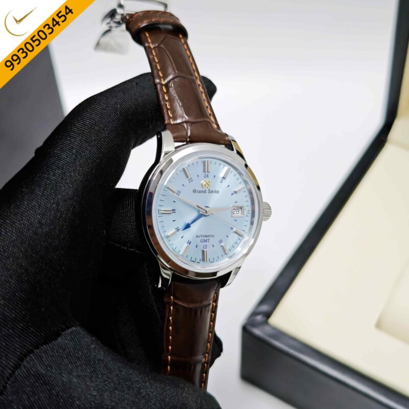 Grand Seiko Mechanical Hi-Beat 36000 GMT Steel Midnight Blue Dial Leather Strap Swiss ETA Automatic Watch - Image 3