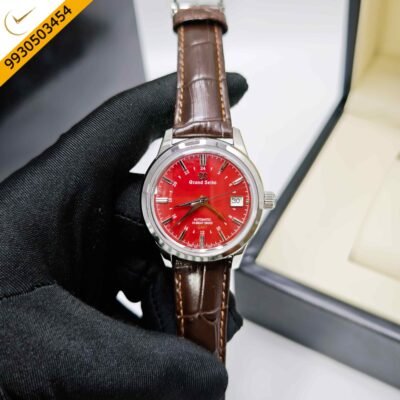 Grand Seiko Mechanical Hi-Beat 36000 GMT Steel Red Dial Leather Strap Swiss ETA Automatic Watch