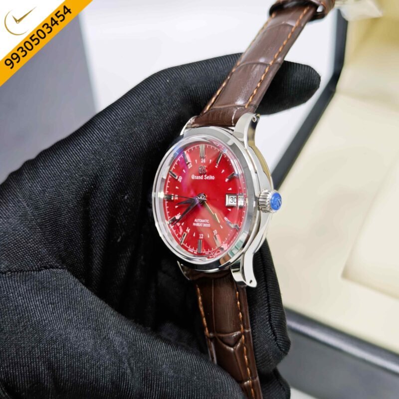 Grand Seiko Mechanical Hi-Beat 36000 GMT Steel Red Dial Leather Strap Swiss ETA Automatic Watch - Image 2
