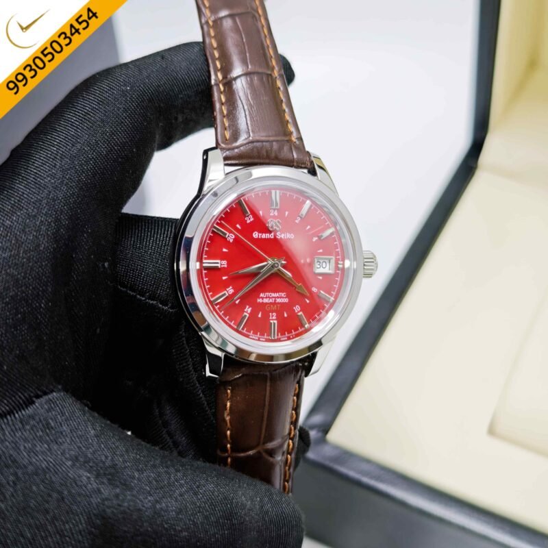 Grand Seiko Mechanical Hi-Beat 36000 GMT Steel Red Dial Leather Strap Swiss ETA Automatic Watch - Image 3