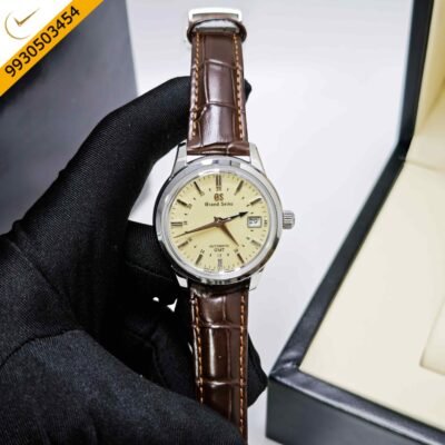 Grand Seiko Mechanical Hi-Beat 36000 GMT Steel deep ivory Dial Leather Strap Swiss ETA Automatic Watch