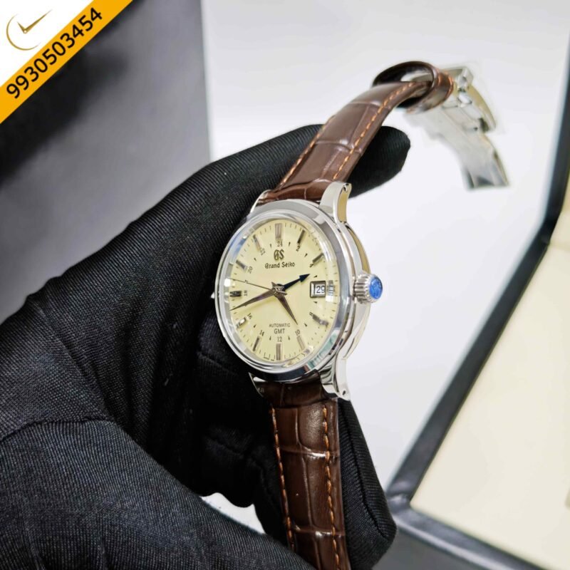 Grand Seiko Mechanical Hi-Beat 36000 GMT Steel deep ivory Dial Leather Strap Swiss ETA Automatic Watch - Image 2