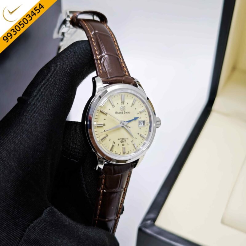 Grand Seiko Mechanical Hi-Beat 36000 GMT Steel deep ivory Dial Leather Strap Swiss ETA Automatic Watch - Image 3