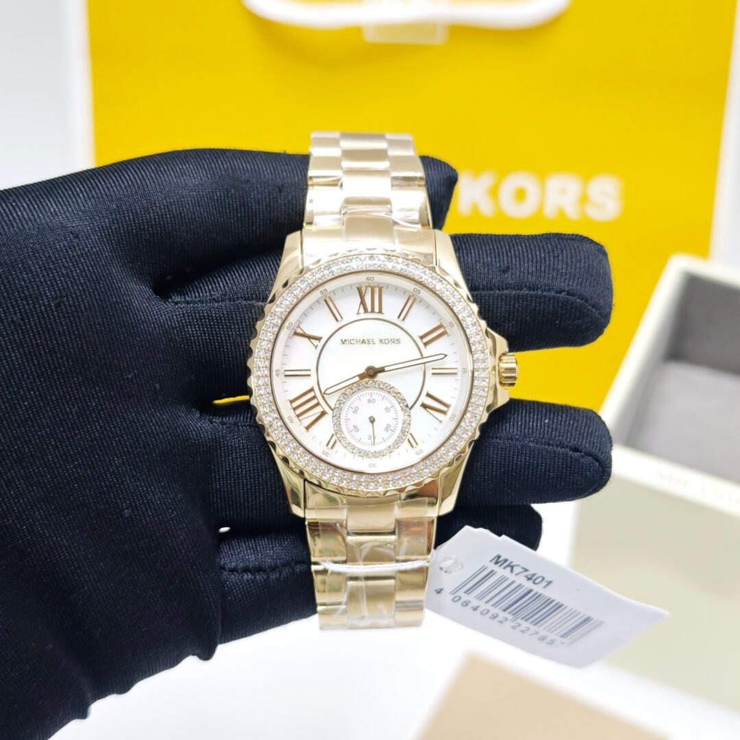 Michael Kors Everest Mother-Of-Pearl MK7401 Golden White Diamond Dial Swiss Watch