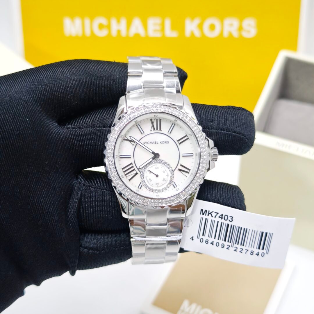 Michael Kors Everest Mother-Of-Pearl MK7403 Silver White Diamond Dial Swiss Watch