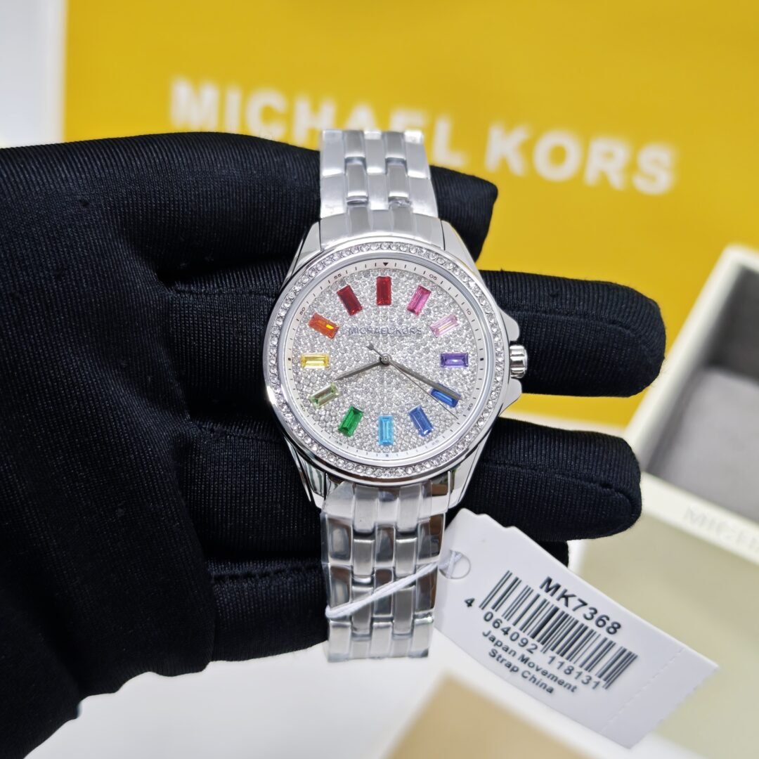 Michael Kors MK7368 Pilot Baguette Crystal Glitz Rainbow Silver Diamond Swiss Watch