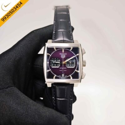 TAG Heuer Monaco Steel Purple Dial Black Leather Strap Swiss Automatic Watch