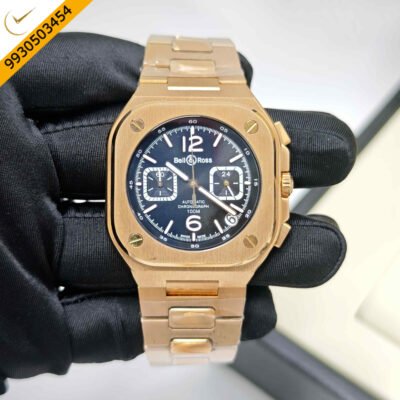 Bell & Ross BR-05 Chronograph Rose Gold Black Dial Steel Strap Swiss Watch