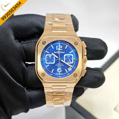 Bell & Ross BR-05 Chronograph Rose Gold Blue Dial Steel Strap Swiss Watch