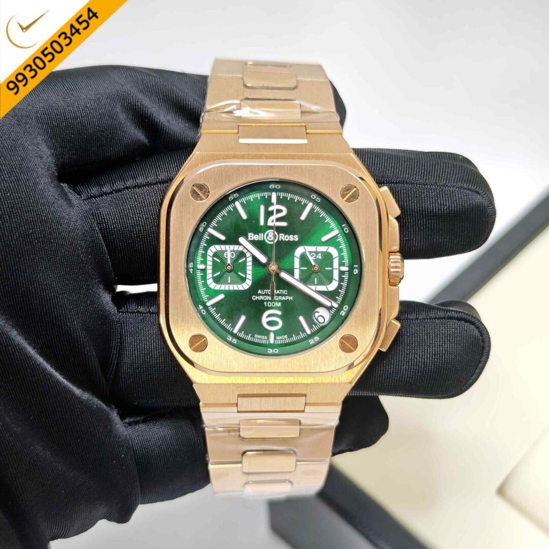 Bell & Ross BR-05 Chronograph Rose Gold Green Dial Steel Strap Swiss Watch