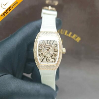 Franck Muller 18k Rose Gold Vanguard Diamond White Dial White Leather Strap Swiss Automatic Watch