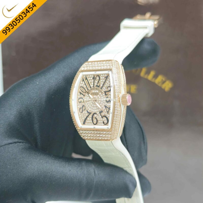 Franck Muller 18k Rose Gold Vanguard Diamond White Dial White Leather Strap Swiss Automatic Watch - Image 2