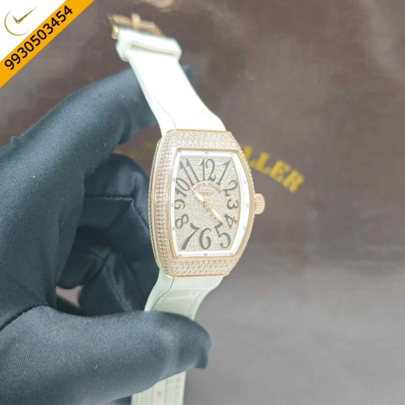 Franck Muller 18k Rose Gold Vanguard Diamond White Dial White Leather Strap Swiss Automatic Watch - Image 3