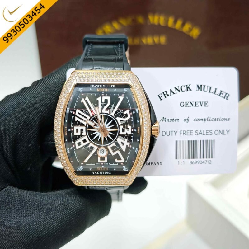 Franck Muller Vanguard Yachting Diamond Case Black Dial Leather Strap Swiss Automatic Watch - Image 2