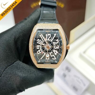 Franck Muller Vanguard Yachting Diamond Case Black Dial Leather Strap Swiss Automatic Watch