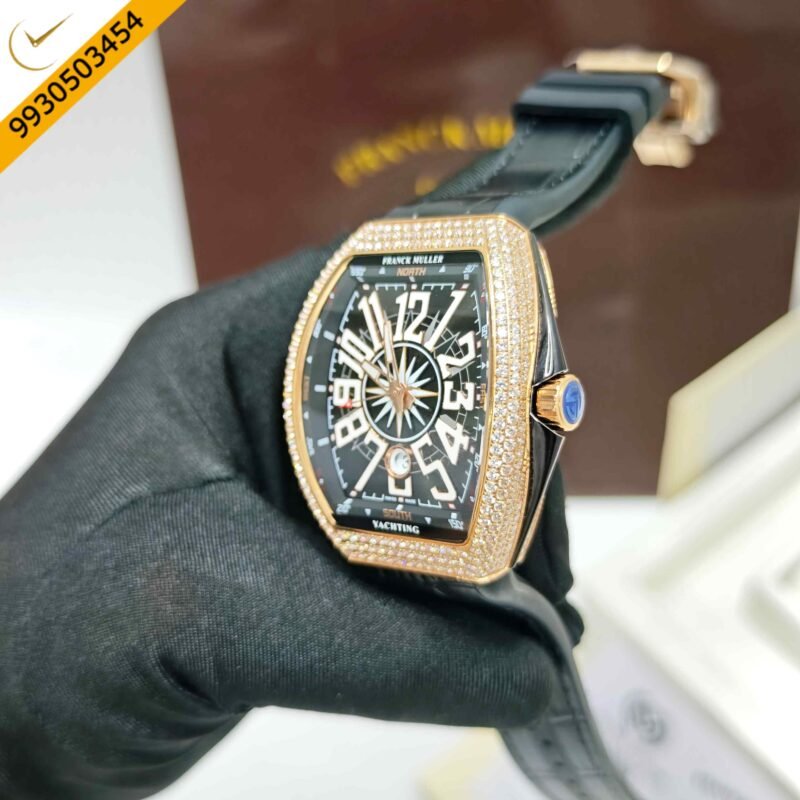 Franck Muller Vanguard Yachting Diamond Case Black Dial Leather Strap Swiss Automatic Watch - Image 3