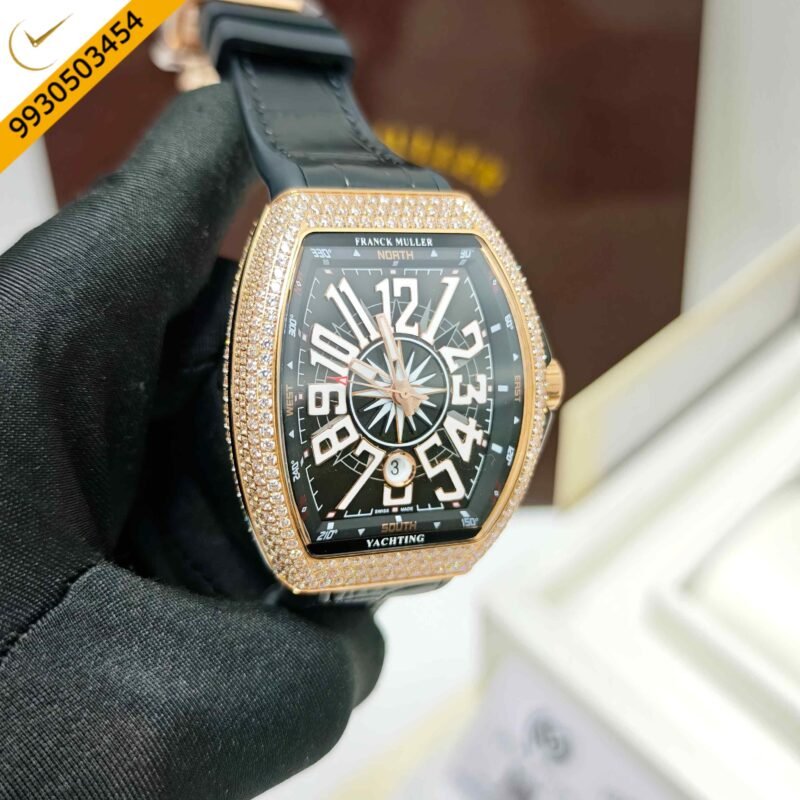 Franck Muller Vanguard Yachting Diamond Case Black Dial Leather Strap Swiss Automatic Watch - Image 4