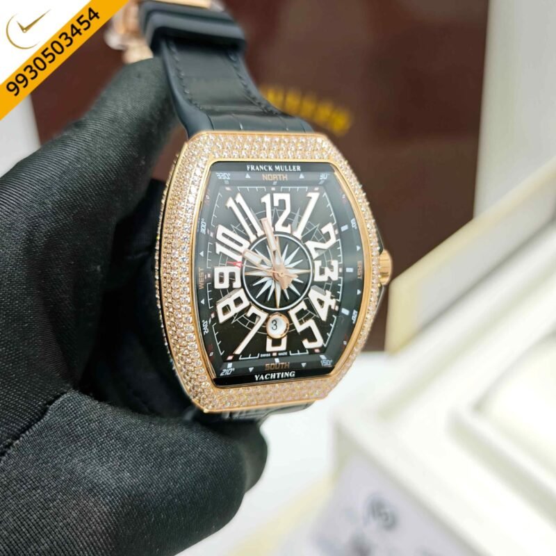 Franck Muller Vanguard Yachting Diamond Case Black Dial Leather Strap Swiss Automatic Watch - Image 4