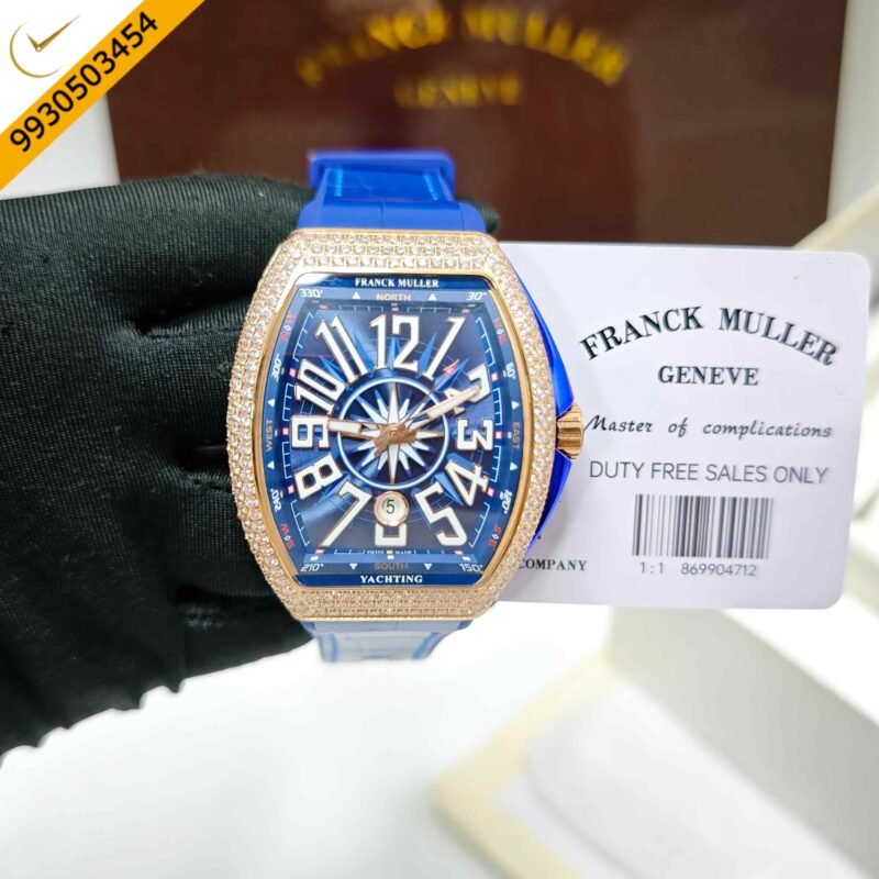 Franck Muller Vanguard Yachting Diamond Case Blue Dial Leather Strap Swiss Automatic Watch - Image 5
