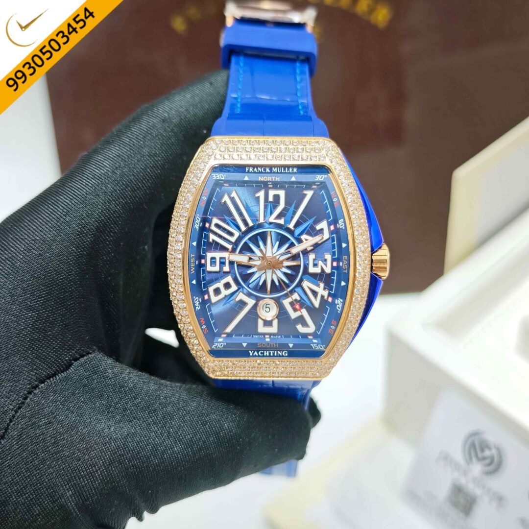 Franck Muller Vanguard Yachting Diamond Case Blue Dial Leather Strap Swiss Automatic Watch