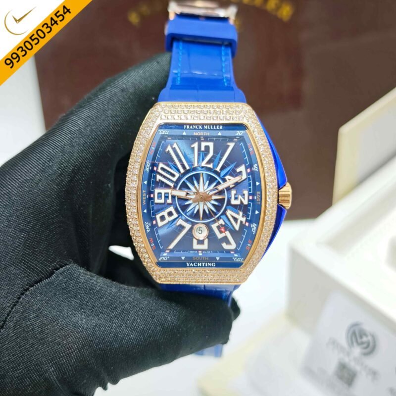 Franck Muller Vanguard Yachting Diamond Case Blue Dial Leather Strap Swiss Automatic Watch