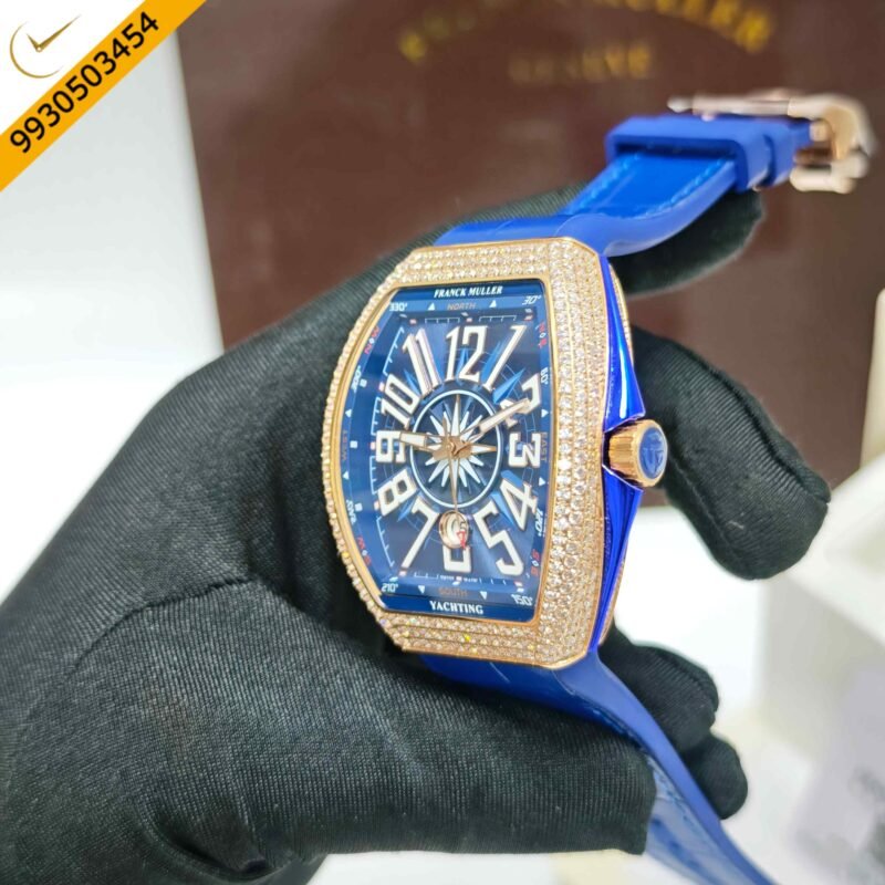 Franck Muller Vanguard Yachting Diamond Case Blue Dial Leather Strap Swiss Automatic Watch - Image 2
