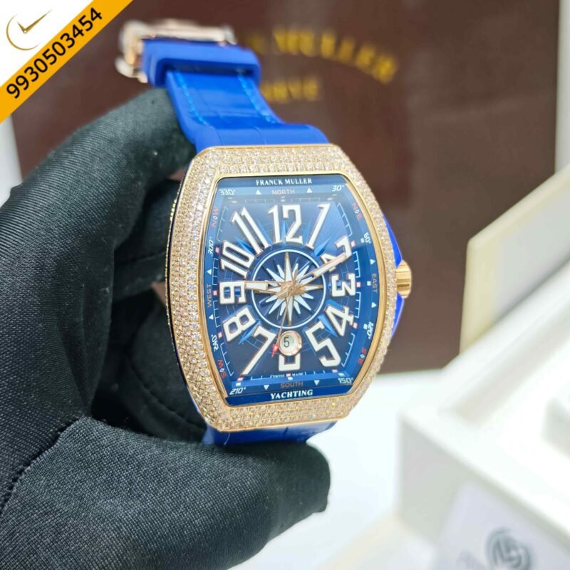 Franck Muller Vanguard Yachting Diamond Case Blue Dial Leather Strap Swiss Automatic Watch - Image 3