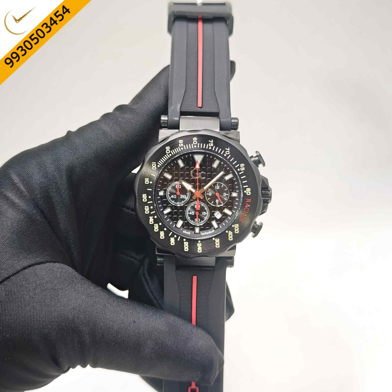 Gc DiverCode Chrono Y63005G7MF Swiss watch with full black stainless steel case and bracelet, black dial chronograph, premium Swiss movement, and luxury sport design.