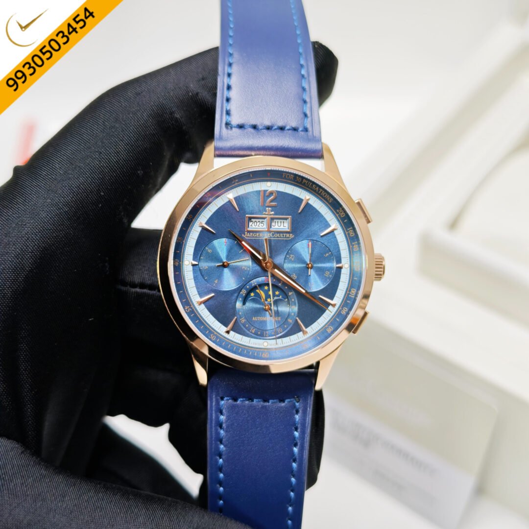 Jaeger-LeCoultre Master Control Chronograph Rose Gold Blue Dial Blue Leather Strap Swiss Automatic Watch
