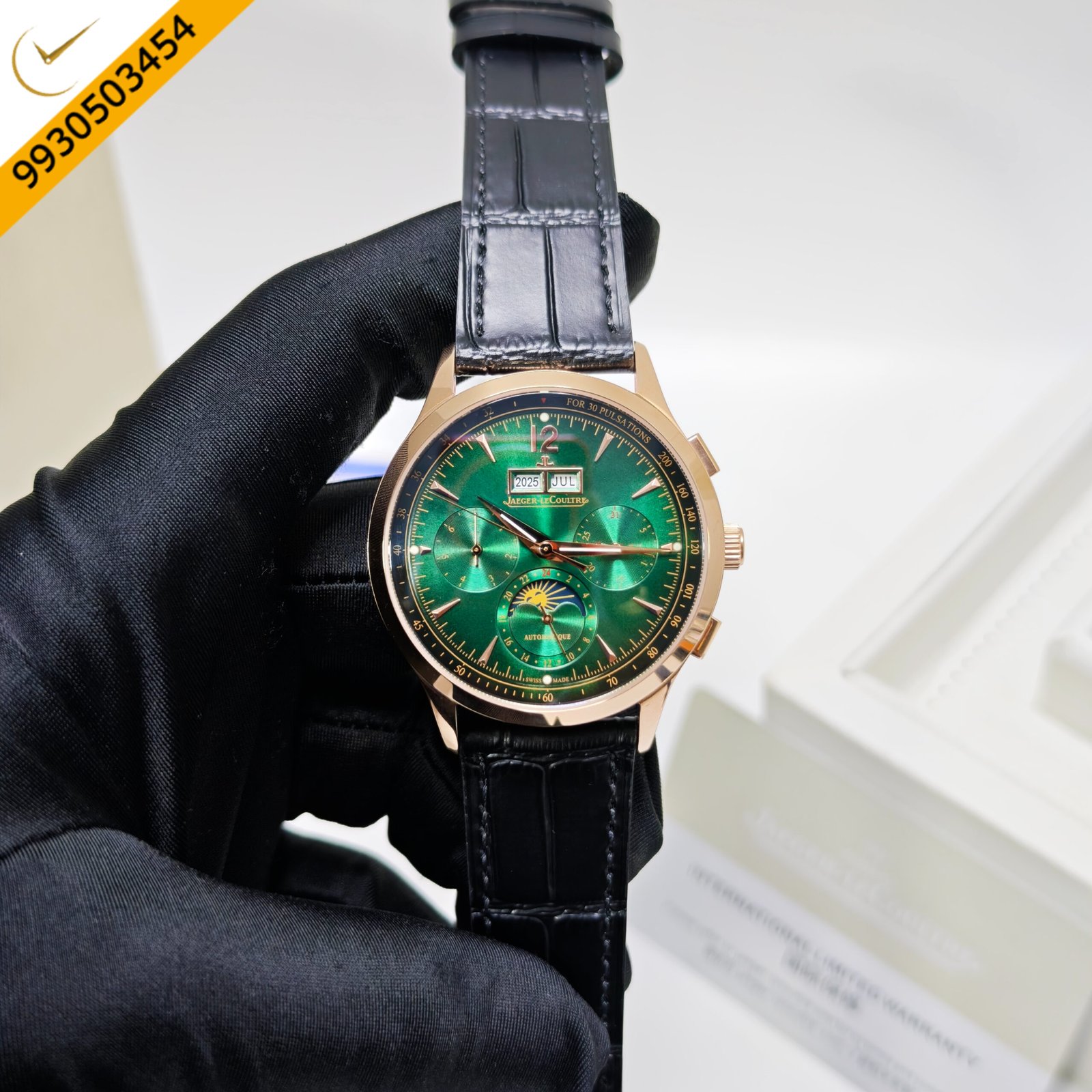 Jaeger-LeCoultre Master Control Chronograph Swiss automatic watch featuring a rose gold case, elegant green dial, black leather strap, and luxury chronograph design.