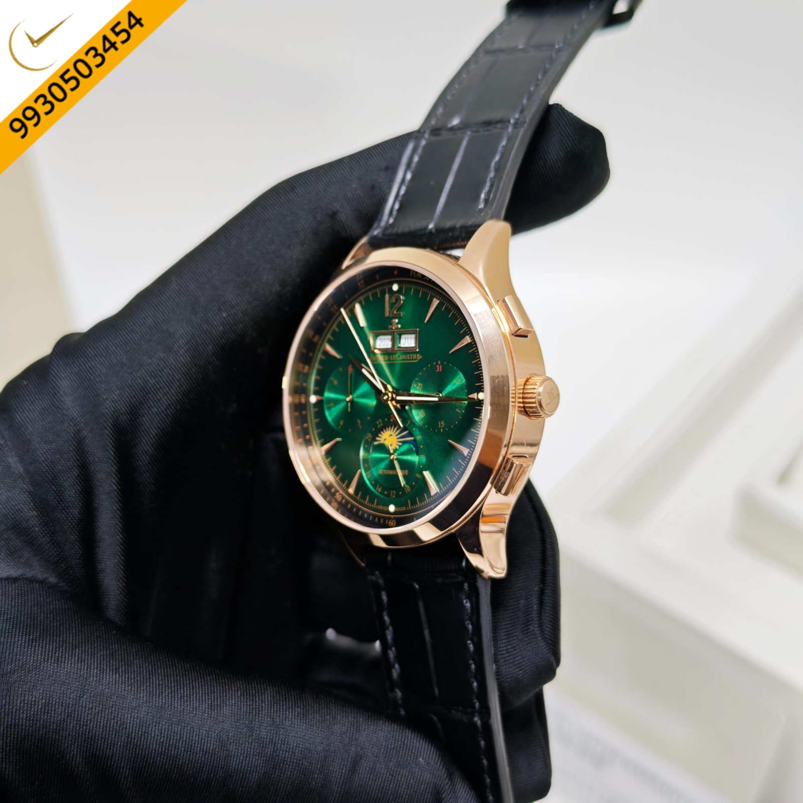 Jaeger-LeCoultre Master Control Chronograph Rose Gold Green Dial Black Leather Strap Swiss Automatic Watch - Image 2