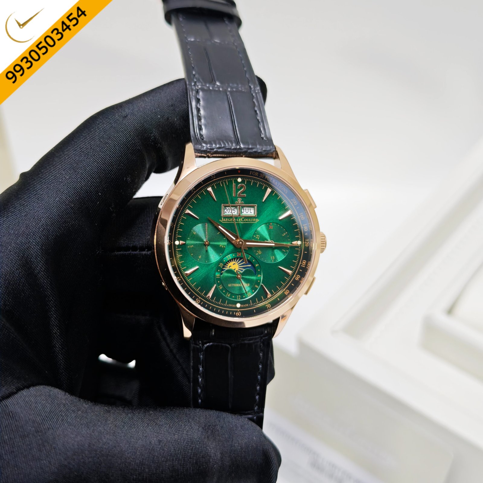 Jaeger-LeCoultre Master Control Chronograph Rose Gold Green Dial Black Leather Strap Swiss Automatic Watch - Image 3