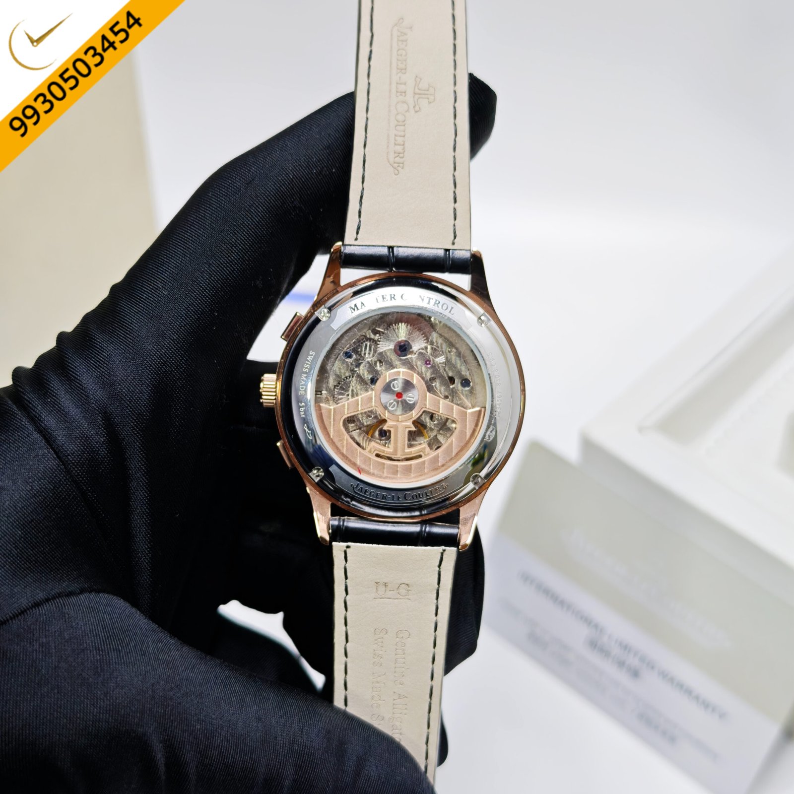 Jaeger-LeCoultre Master Control Chronograph Rose Gold Green Dial Black Leather Strap Swiss Automatic Watch - Image 4