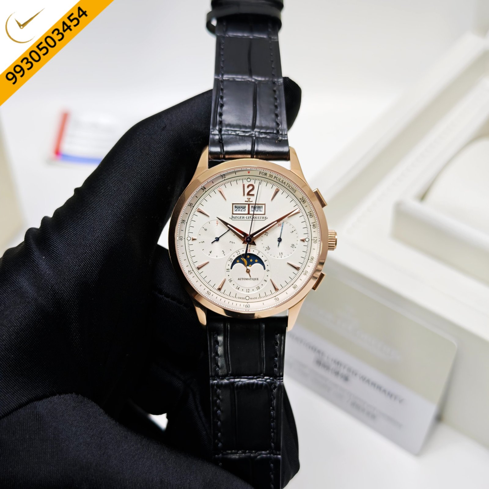 Jaeger-LeCoultre Master Control Chronograph Swiss automatic watch with a white dial, 18K rose gold case, black leather strap, and elegant chronograph complication.