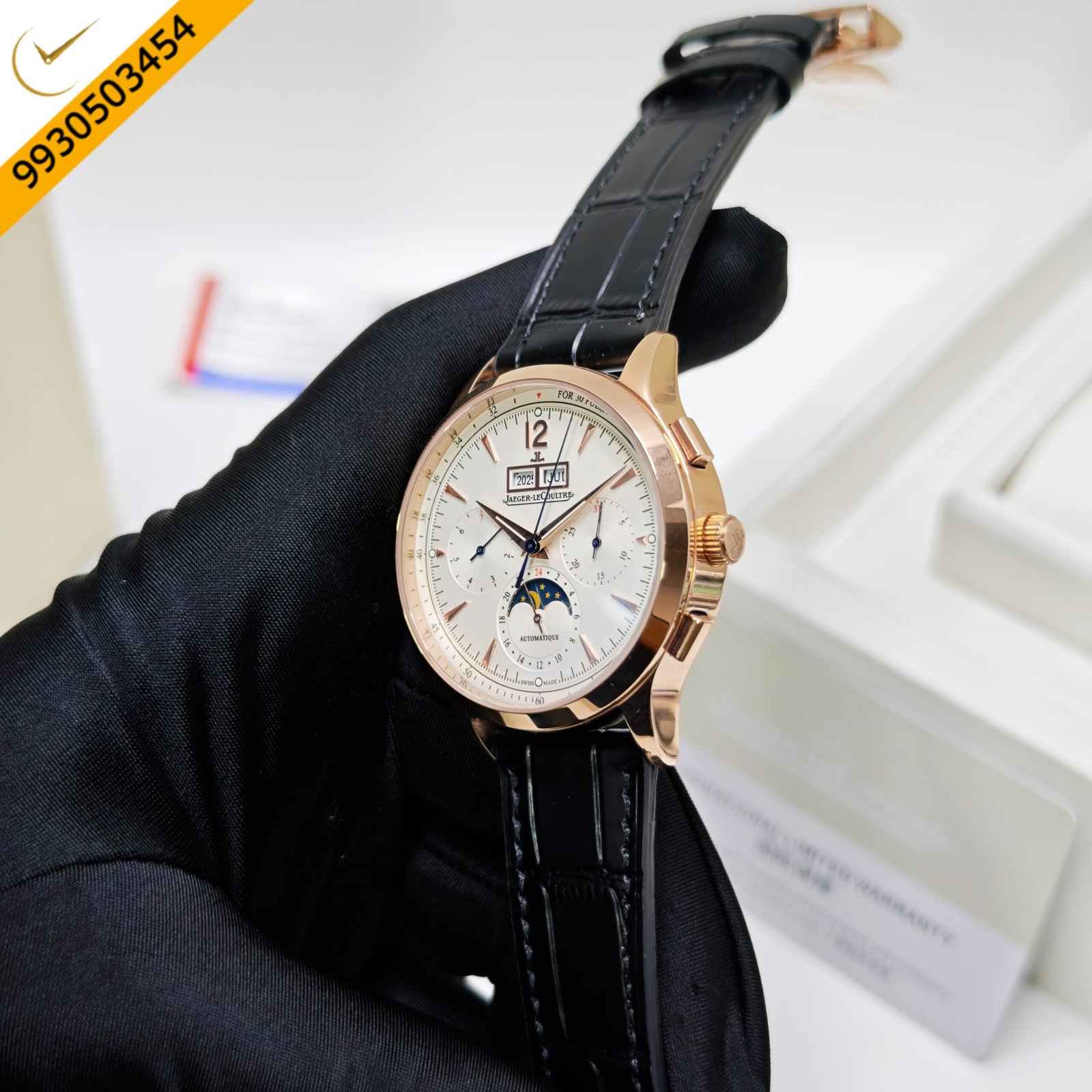 Jaeger-LeCoultre Master Control Chronograph Rose Gold White Dial Black Leather Strap Swiss Automatic Watch - Image 2