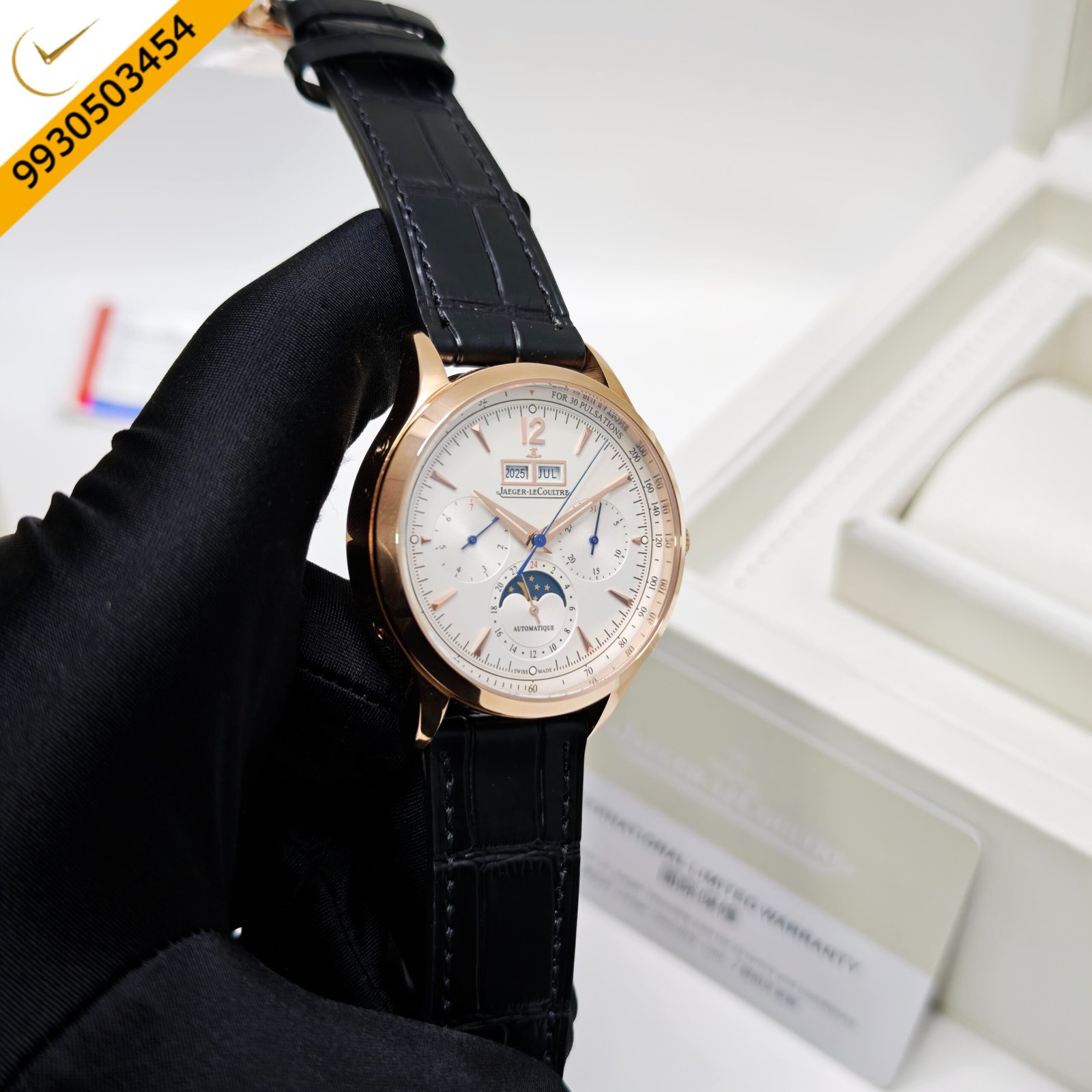 Jaeger-LeCoultre Master Control Chronograph Rose Gold White Dial Black Leather Strap Swiss Automatic Watch - Image 3