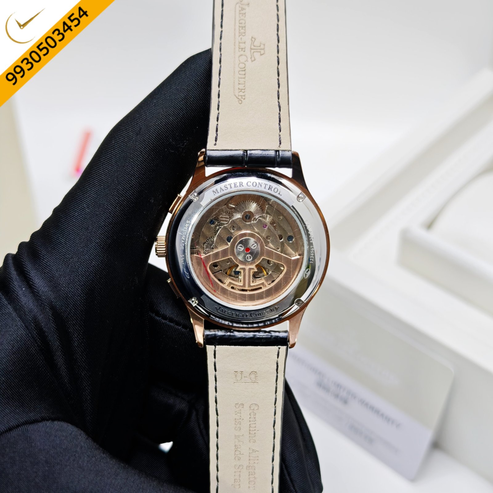 Jaeger-LeCoultre Master Control Chronograph Rose Gold White Dial Black Leather Strap Swiss Automatic Watch - Image 4