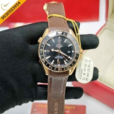 Omega - Seamaster Planet Ocean GMT Rose Gold Black Dial Brown Leather Strap Swiss ETA Automatic Watch