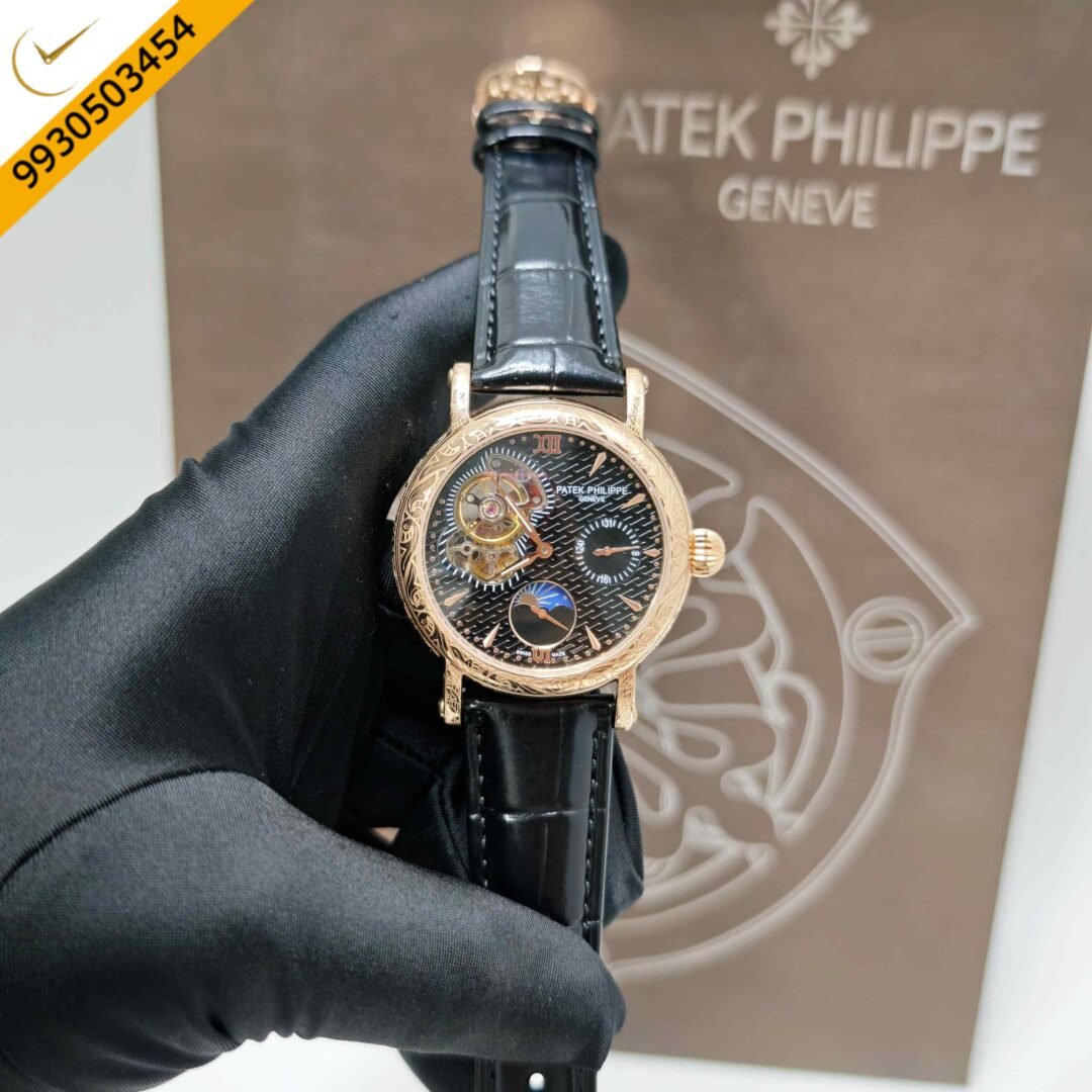 Patek Philippe Geneve Rose Gold Black Dial Leather strap Swiss Automatic Watch