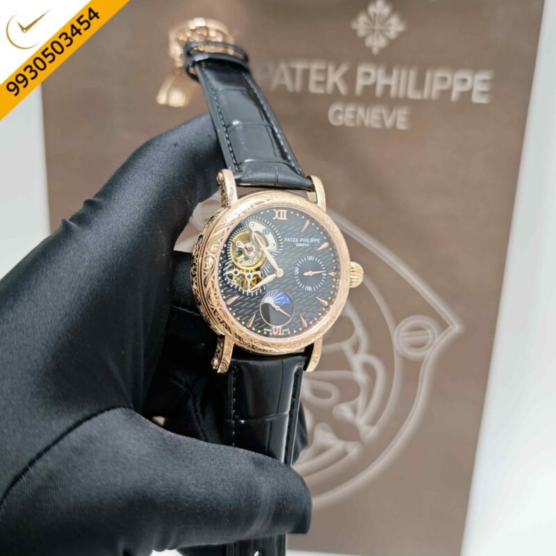 Patek Philippe Geneve Rose Gold Black Dial Leather strap Swiss Automatic Watch - Image 3