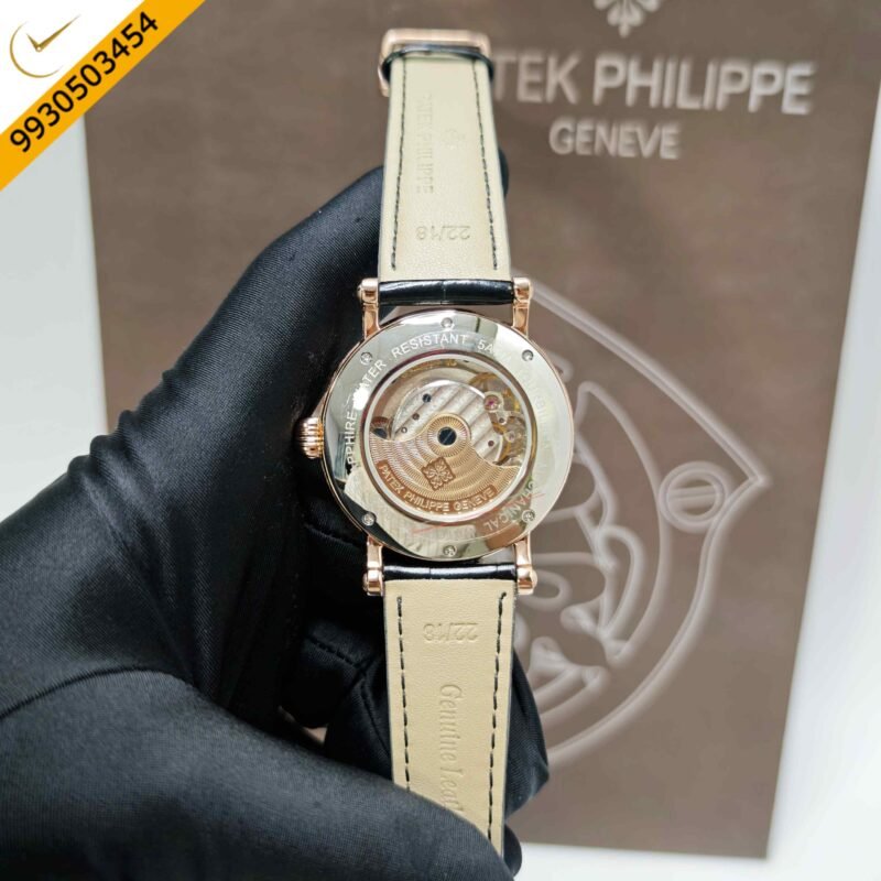 Patek Philippe Geneve Rose Gold Black Dial Leather strap Swiss Automatic Watch - Image 4
