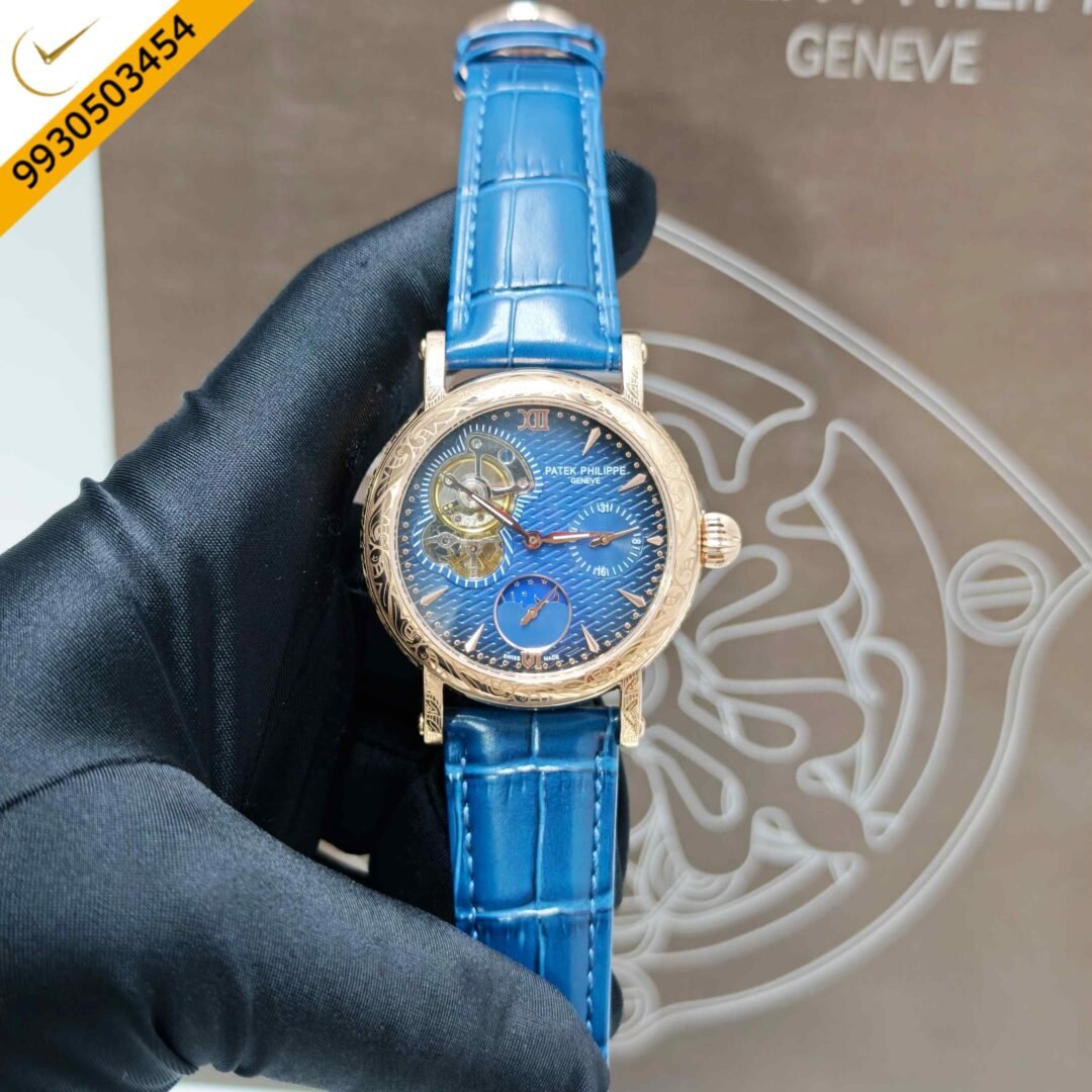 Patek Philippe Geneve Rose Gold Blue Dial Leather strap Swiss Automatic Watch