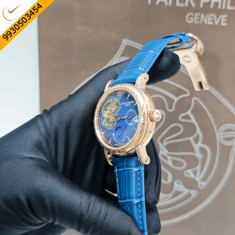 Patek Philippe Geneve Rose Gold Blue Dial Leather strap Swiss Automatic Watch - Image 2