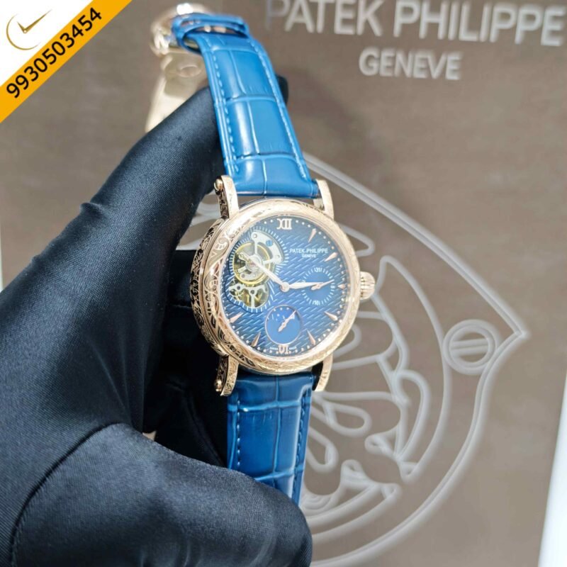 Patek Philippe Geneve Rose Gold Blue Dial Leather strap Swiss Automatic Watch - Image 3